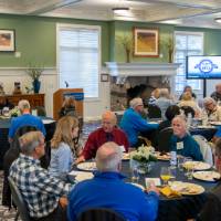 A wide shot of the banquet hall.